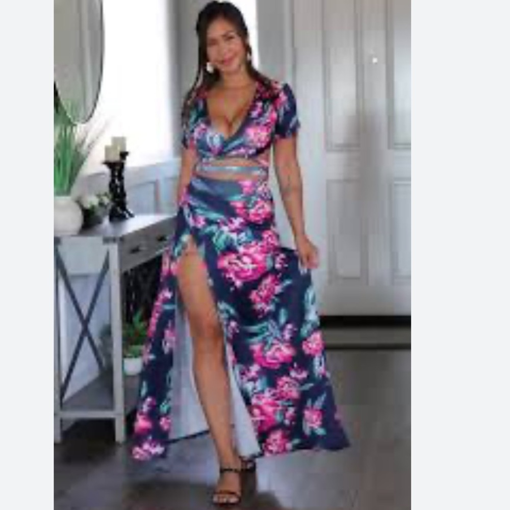Tik Tok Famous 2 Peice Floral Maxi Skirt Top XL Navy/Pink NWOT Shrug Pool Party